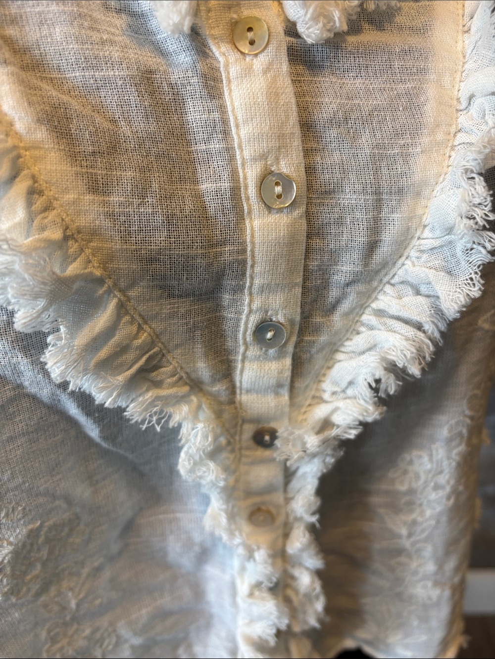 Boho Embroidered (Size M) Women's Cream Fringe-Trim Button Front Cami Top - Picture 4 of 10